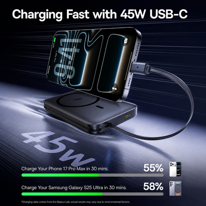 Baseus PicoGo AM61 vezeték nélküli külső akkumulátor, 10000mAh, 45W, PD + FQI, 1 x QI - 2 x USB-C, Fekete E0028V00