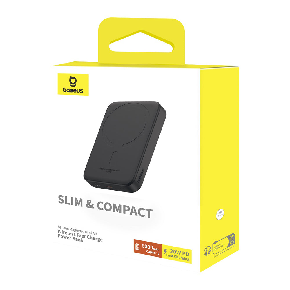 Baseus Mini Air külső vezeték nélküli akkumulátor, 6000mAh, 20W, PD + FQI, 1 x QI - 1 x USB-C, Fekete P10059002113-00