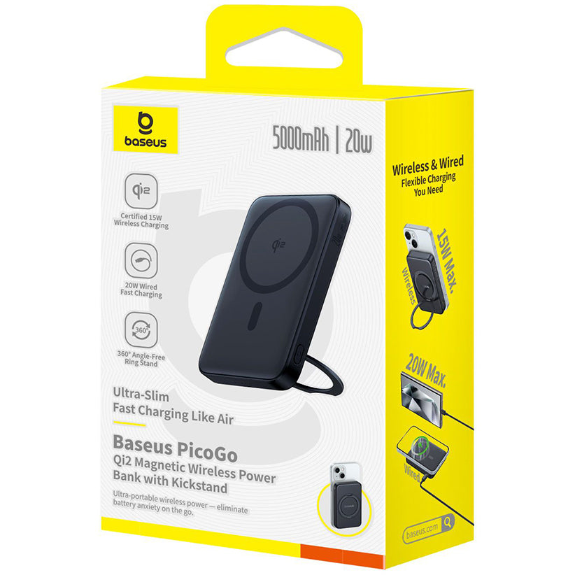 Baseus PicoGo külső vezeték nélküli akkumulátor, 5000mAh, 20W, PD + FQI, 1 x QI - 1 x USB-C, Fekete P10076802123-00