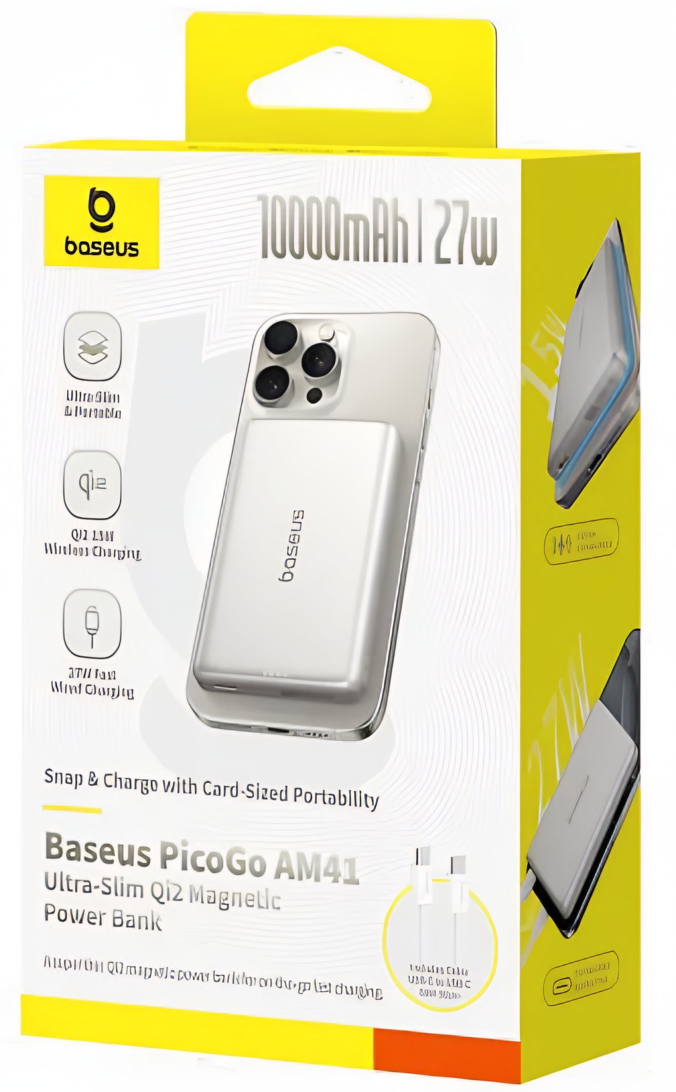 Baseus PicoGo AM41 külső vezeték nélküli akkumulátor, 10000mAh, 27W, PD + FQI, 1 x QI - 1 x USB-C, bézs E0027203