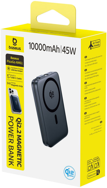 Baseus PicoGo AM61 vezeték nélküli külső akkumulátor, 10000mAh, 45W, PD + FQI, 1 x QI - 2 x USB-C, Fekete E0028V00