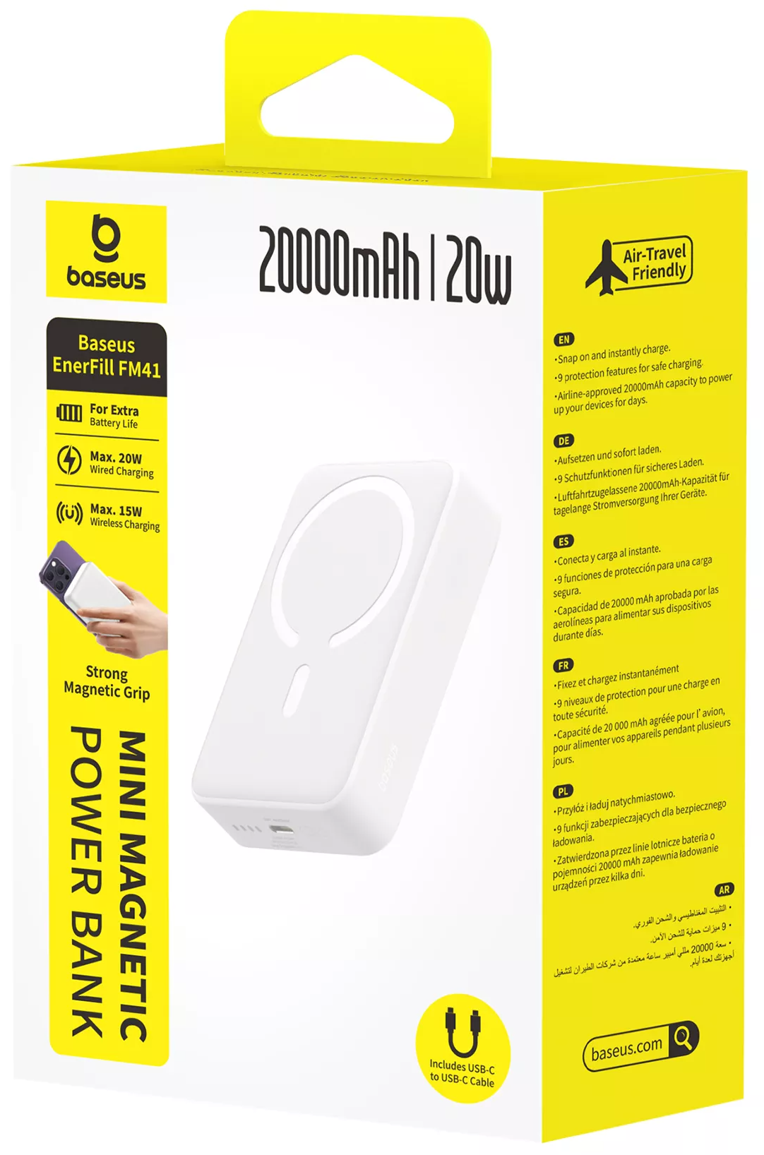 Baseus EnerFill FM41 Mini vezeték nélküli külső akkumulátor, 20000mAh, 20W, PD + FQI, 1 x QI - 1 x USB-C, Fehér E0027U01