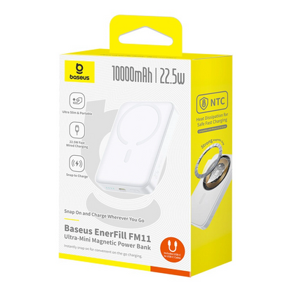 Baseus EnerFill FM11 Ultra-Mini vezeték nélküli külső akkumulátor, 10000mAh, 22.5W, PD + FQI, 1 x QI - 1 x USB-C, Fehér P1008210E213-00