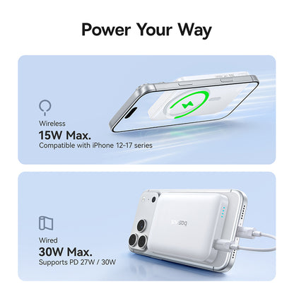 Baseus EnerFill FM11 vezeték nélküli külső akkumulátor, 10000mAh, 30W, PD + FQI, 1 x QI - 1 x USB-C, Fehér