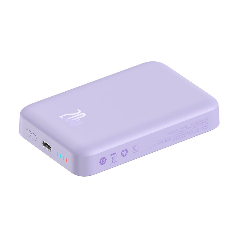 Baseus Magnetic Mini vezeték nélküli külső akkumulátor, 10000mAh, 20W, PD + FQI, 1 x QI - 1 x USB-C, Lila PPCX110105