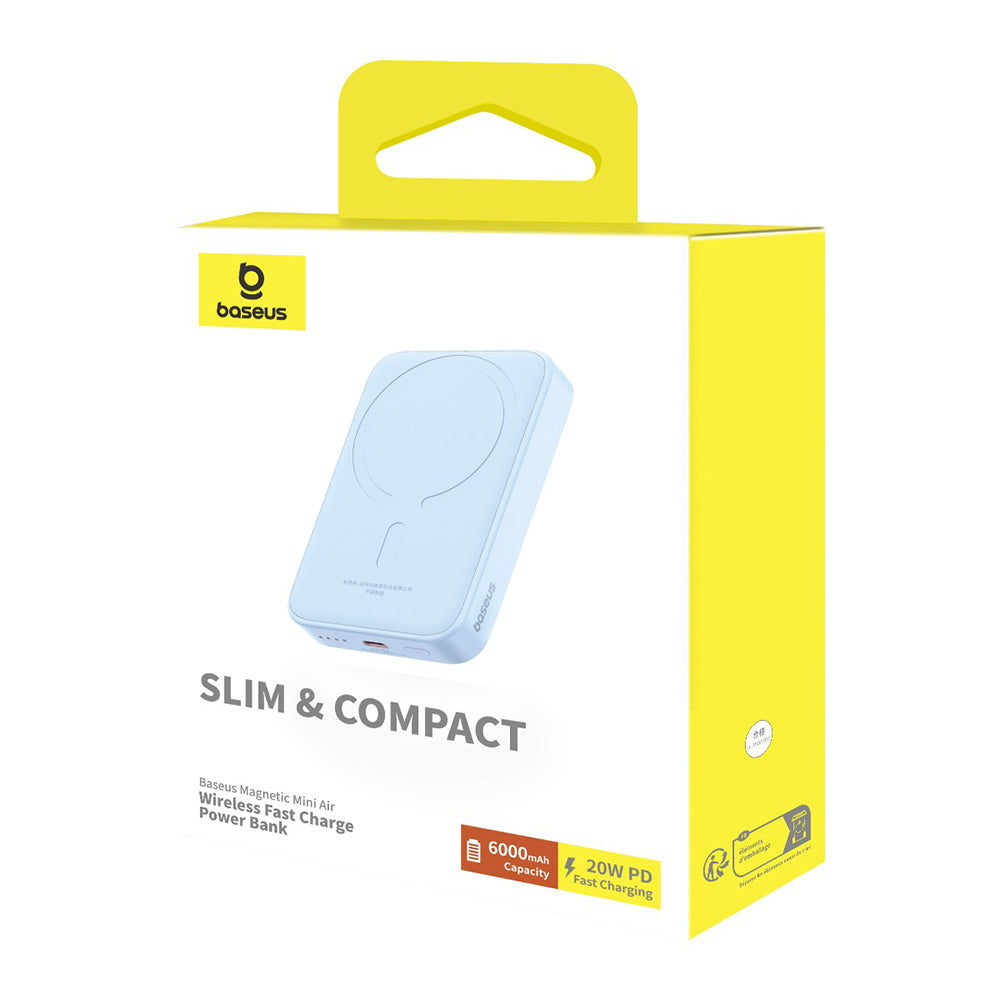 Baseus Mini Air vezeték nélküli külső akkumulátor, 6000mAh, 20W, PD + FQI, 1 x QI - 1 x USB-C, kék P10059002313-00