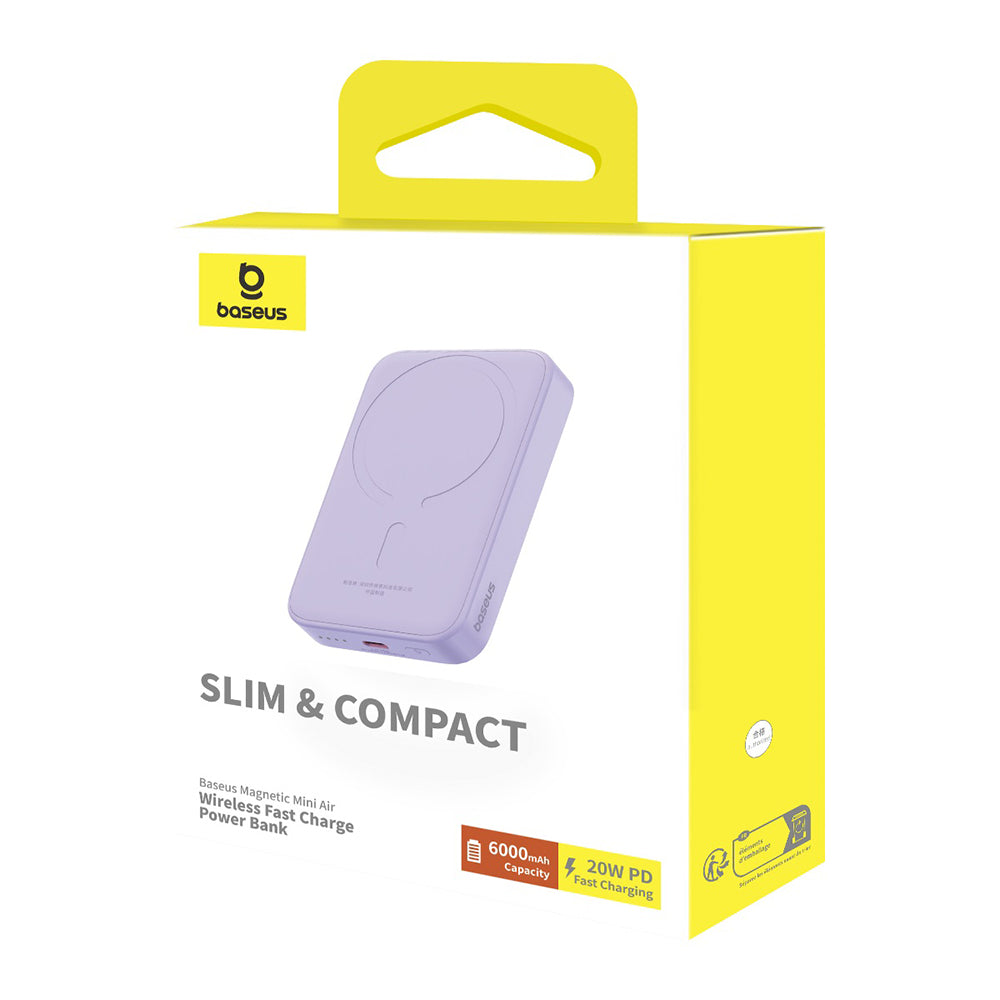 Baseus Mini Air vezeték nélküli külső akkumulátor, 6000mAh, 20W, PD + FQI, 1 x QI - 1 x USB-C, Lila P10059002513-00