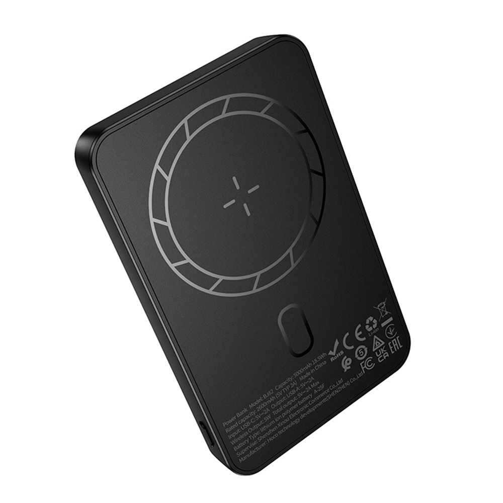 Borofone BJ82 Dawn vezeték nélküli külső akkumulátor, 5000mAh, 10W, 1 x QI - 1 x USB-A, Fekete