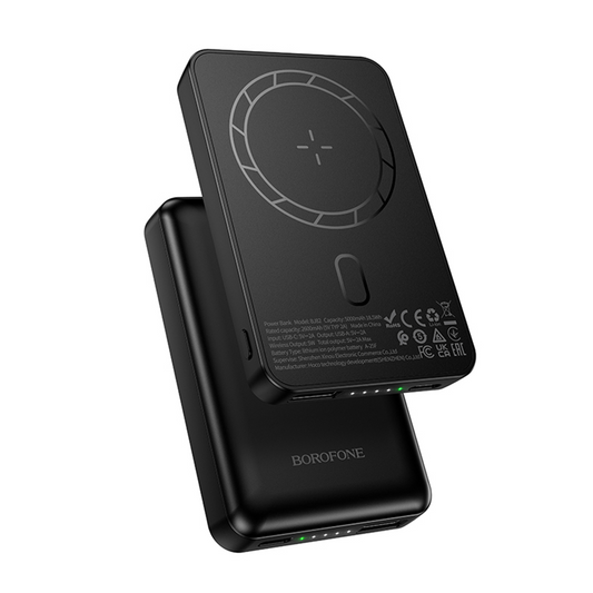 Borofone BJ82 Dawn vezeték nélküli külső akkumulátor, 5000mAh, 10W, 1 x QI - 1 x USB-A, Fekete