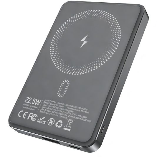 BWOO BO-P82 vezeték nélküli külső akkumulátor, 10000mAh, 22,5W, PD + FQI, 1 x QI - 1 x USB-C, Szürke