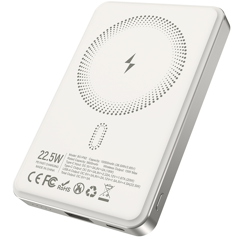 BWOO BO-P82 vezeték nélküli külső akkumulátor, 10000mAh, 22,5W, PD + FQI, 1 x QI - 1 x USB-C, Fehér
