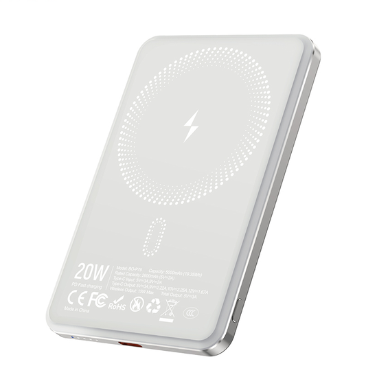 BWOO P79 vezeték nélküli külső akkumulátor, 5000mAh, 20W, PD + FQI, 1 x QI - 1 x USB-C, Szürke