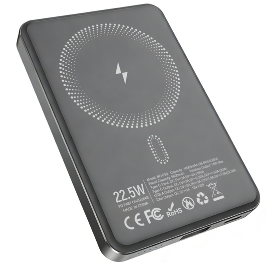 BWOO BO-P82 vezeték nélküli külső akkumulátor, 10000mAh, 22,5W, PD + FQI, 1 x QI - 1 x USB-C, Szürke