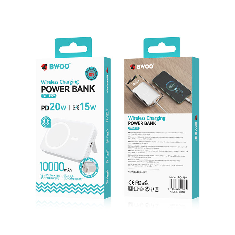 BWOO BO-P59 vezeték nélküli külső akkumulátor, 10000mAh, 20W, PD + QI, 1 x QI - 1 x USB-C, Fehér