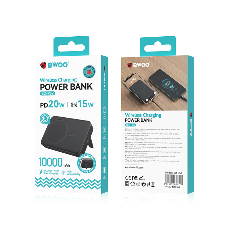 BWOO BO-P59 vezeték nélküli külső akkumulátor, 10000mAh, 20W, PD + FQI, 1 x QI - 1 x USB-C, Fekete