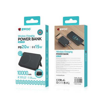 BWOO BO-P59 vezeték nélküli külső akkumulátor, 10000mAh, 20W, PD + FQI, 1 x QI - 1 x USB-C, Fekete