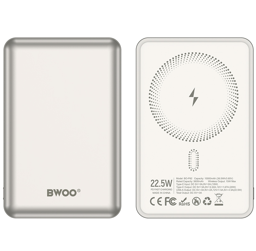 BWOO BO-P82 vezeték nélküli külső akkumulátor, 10000mAh, 22,5W, PD + FQI, 1 x QI - 1 x USB-C, Fehér