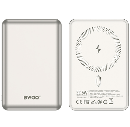 BWOO BO-P82 vezeték nélküli külső akkumulátor, 10000mAh, 22,5W, PD + FQI, 1 x QI - 1 x USB-C, Fehér