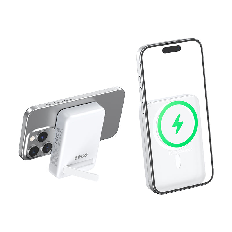 BWOO BO-P59 vezeték nélküli külső akkumulátor, 10000mAh, 20W, PD + QI, 1 x QI - 1 x USB-C, Fehér