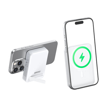 BWOO BO-P59 vezeték nélküli külső akkumulátor, 10000mAh, 20W, PD + QI, 1 x QI - 1 x USB-C, Fehér