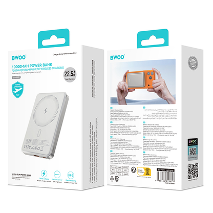 BWOO BO-P82 vezeték nélküli külső akkumulátor, 10000mAh, 22,5W, PD + FQI, 1 x QI - 1 x USB-C, Fehér