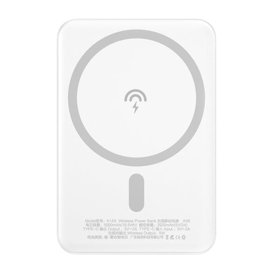 Dudao K14S külső vezeték nélküli akkumulátor, 5000mAh, 10W, PD + QI, 1 x QI - 1 x USB-C, Fehér