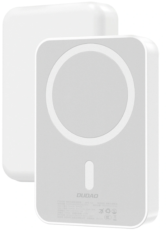 Dudao K26 vezeték nélküli külső akkumulátor, 10000mAh, 20W, PD + FQI, 1 x QI - 1 x USB-C, Fehér