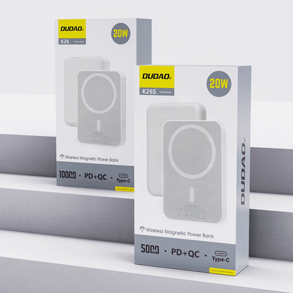 Dudao K26s külső vezeték nélküli akkumulátor, 5000mAh, 20W, PD + FQI, 1 x QI - 1 x USB-C, Fehér