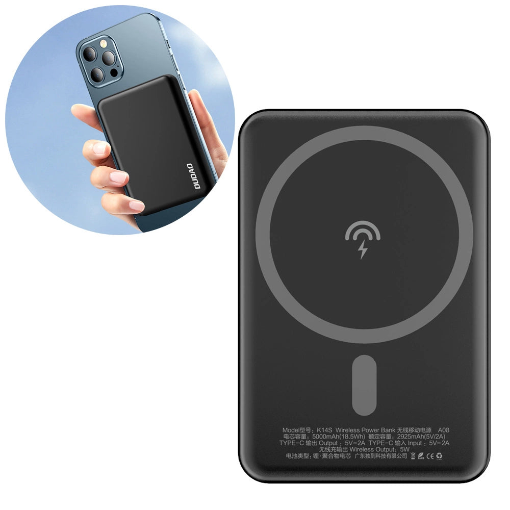 Dudao K14S külső vezeték nélküli akkumulátor, 5000mAh, 10W, PD + QI, 1 x QI - 1 x USB-C, Fekete