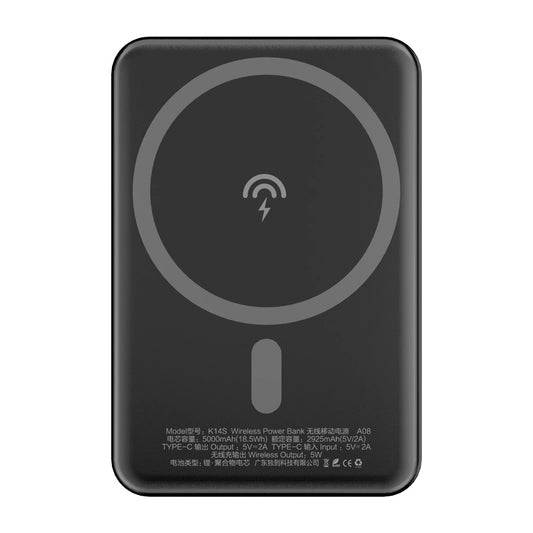 Dudao K14S vezeték nélküli külső akkumulátor, 5000mAh, 10W, PD + QI, 1 x QI - 1 x USB-C, Fekete