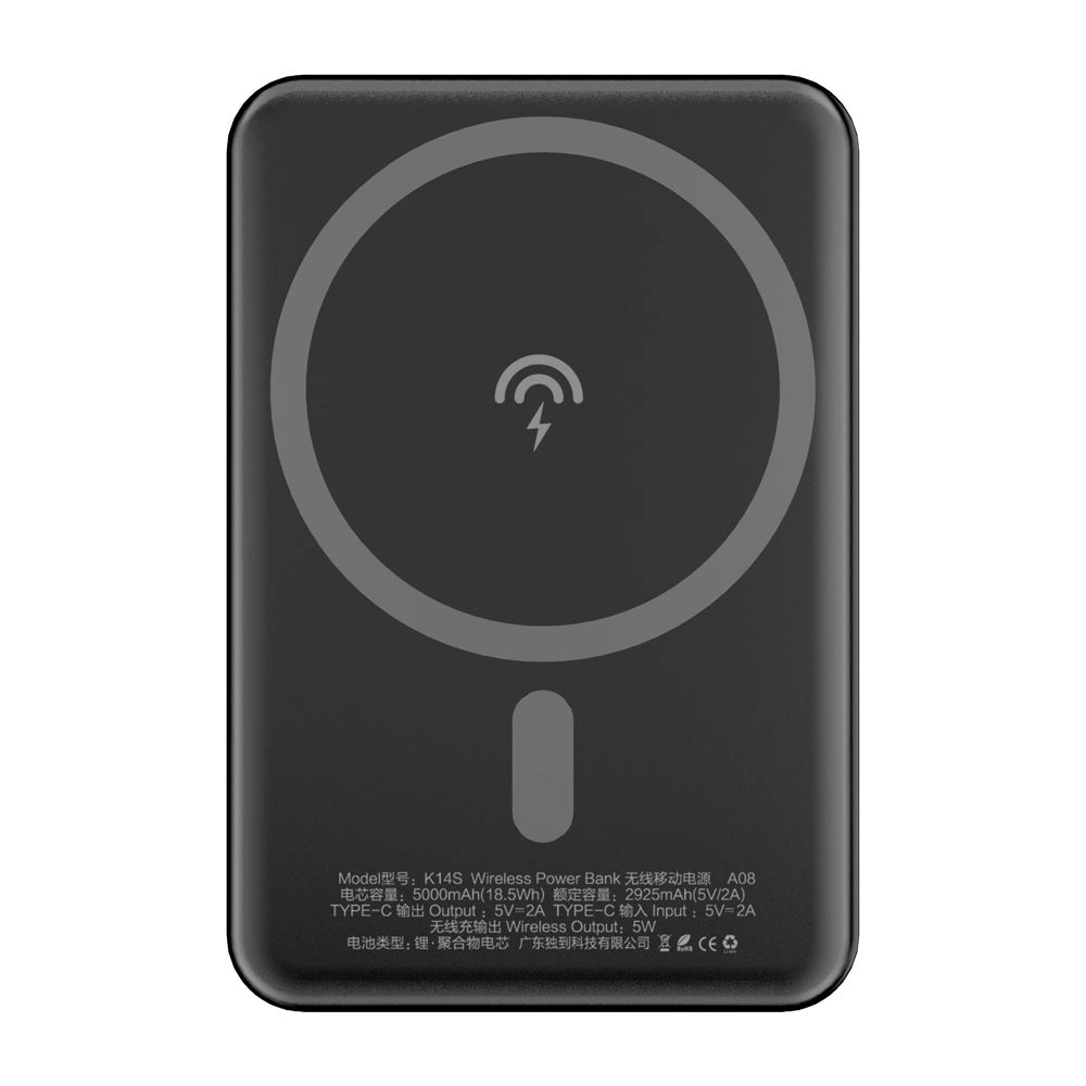 Dudao K14S külső vezeték nélküli akkumulátor, 5000mAh, 10W, PD + QI, 1 x QI - 1 x USB-C, Fekete