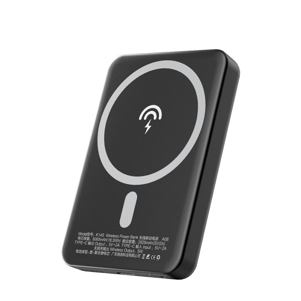 Dudao K14S külső vezeték nélküli akkumulátor, 5000mAh, 10W, PD + QI, 1 x QI - 1 x USB-C, Fekete