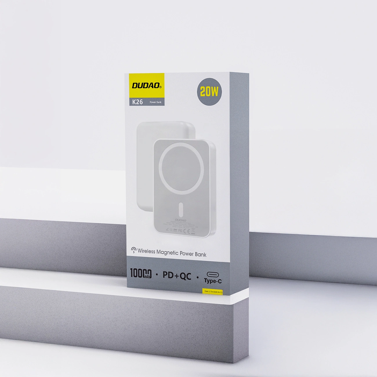 Dudao K26 vezeték nélküli külső akkumulátor, 10000mAh, 20W, PD + FQI, 1 x QI - 1 x USB-C, Fehér