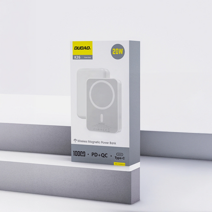 Dudao K26 vezeték nélküli külső akkumulátor, 10000mAh, 20W, PD + FQI, 1 x QI - 1 x USB-C, Fehér