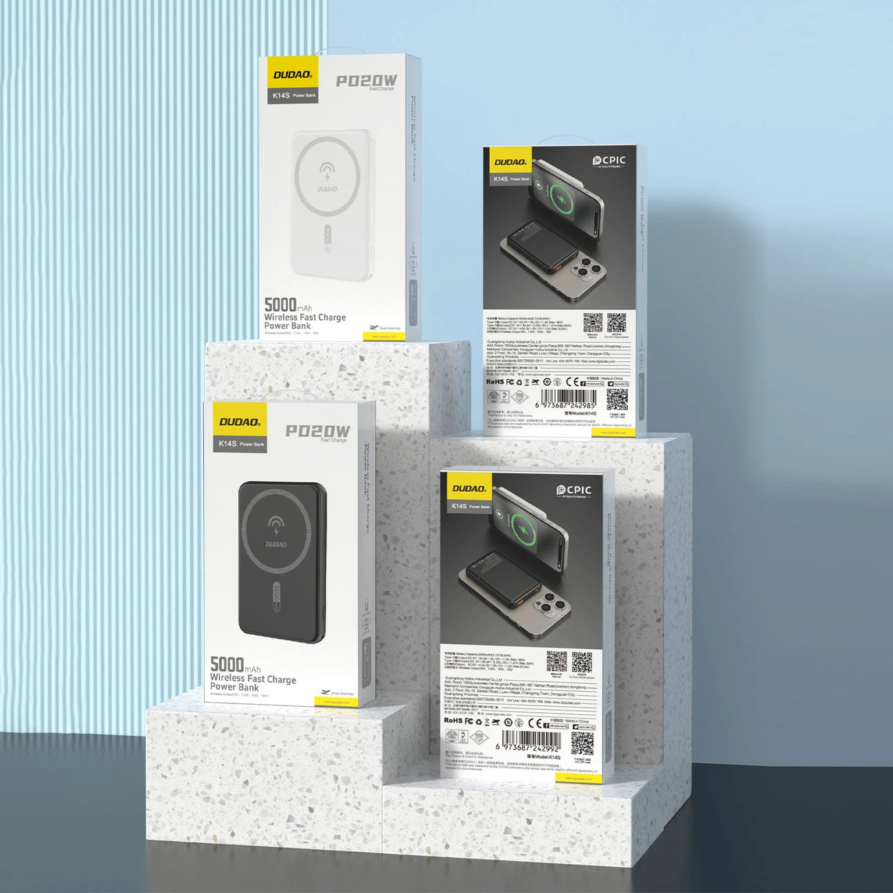 Dudao K14S külső vezeték nélküli akkumulátor, 5000mAh, 10W, PD + QI, 1 x QI - 1 x USB-C, Fekete
