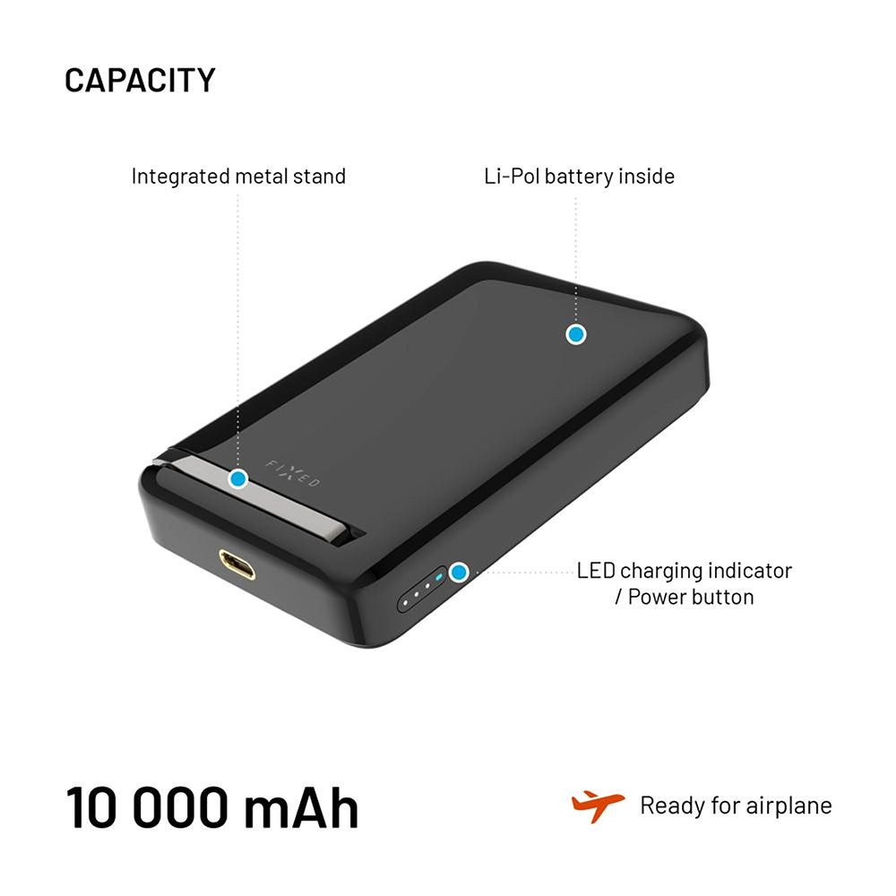 Fixed MagZen 10 Pro vezeték nélküli külső akkumulátor, 10000mAh, 30W, PD + FQI, 1 x QI - 1 x USB-C, Fekete