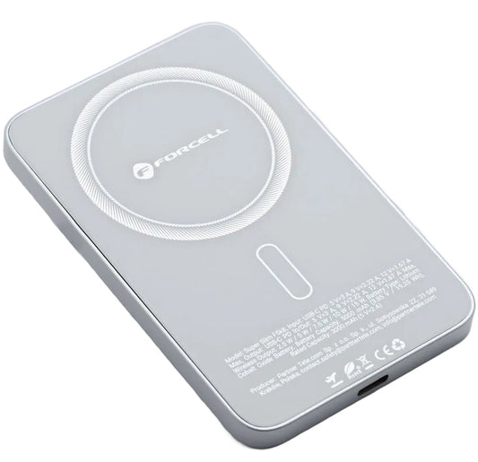 Forcell F5K8 vezeték nélküli külső akkumulátor, 5000mAh, 15W, PD + FQI, 1 x QI - 1 x USB-C, Fehér