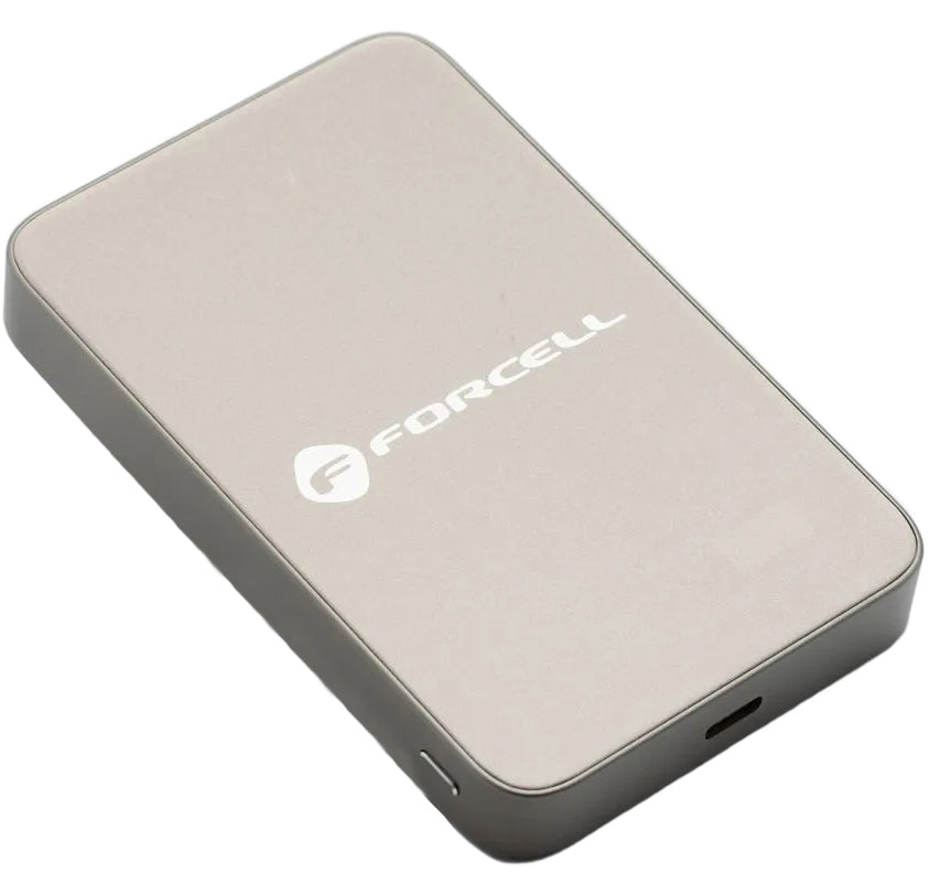 Forcell F5K8 vezeték nélküli külső akkumulátor, 5000mAh, 15W, PD + FQI, 1 x QI - 1 x USB-C, Arany