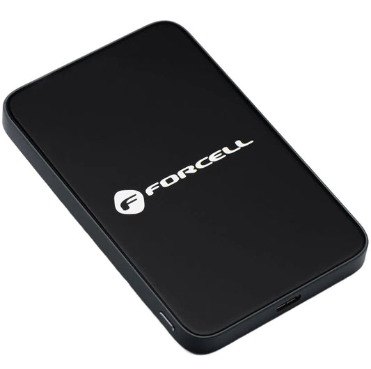 Forcell F5K8 vezeték nélküli külső akkumulátor, 5000mAh, 15W, PD + FQI, 1 x QI - 1 x USB-C, Fekete