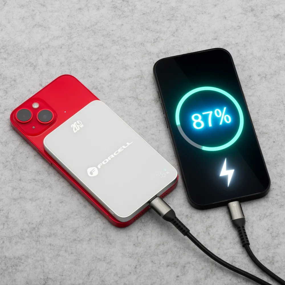 Forcell F5K8 vezeték nélküli külső akkumulátor, 5000mAh, 15W, PD + FQI, 1 x QI - 1 x USB-C, Fehér