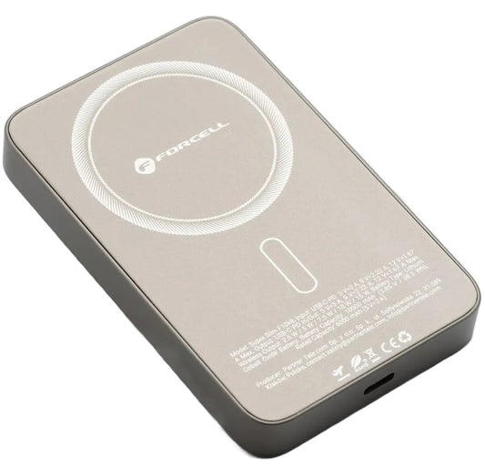 Forcell F5K8 vezeték nélküli külső akkumulátor, 5000mAh, 15W, PD + FQI, 1 x QI - 1 x USB-C, Arany