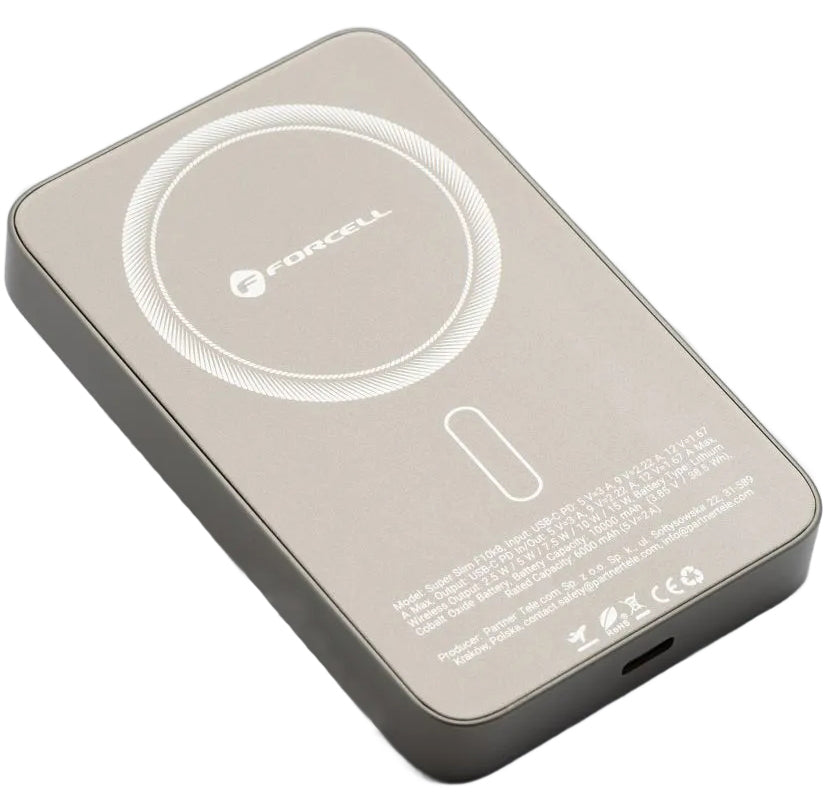 Forcell F10K8 Wireless External Battery, 10000mAh, 15W, PD + FQI, 1 x QI - 1 x USB-C, Gold