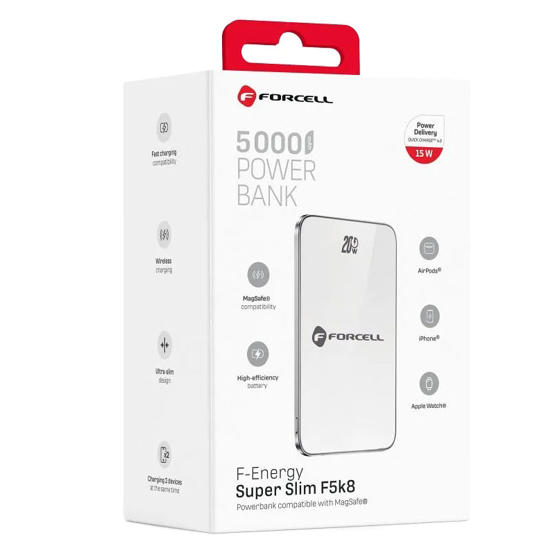 Forcell F5K8 vezeték nélküli külső akkumulátor, 5000mAh, 15W, PD + FQI, 1 x QI - 1 x USB-C, Fehér