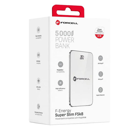 Forcell F5K8 vezeték nélküli külső akkumulátor, 5000mAh, 15W, PD + FQI, 1 x QI - 1 x USB-C, Fehér