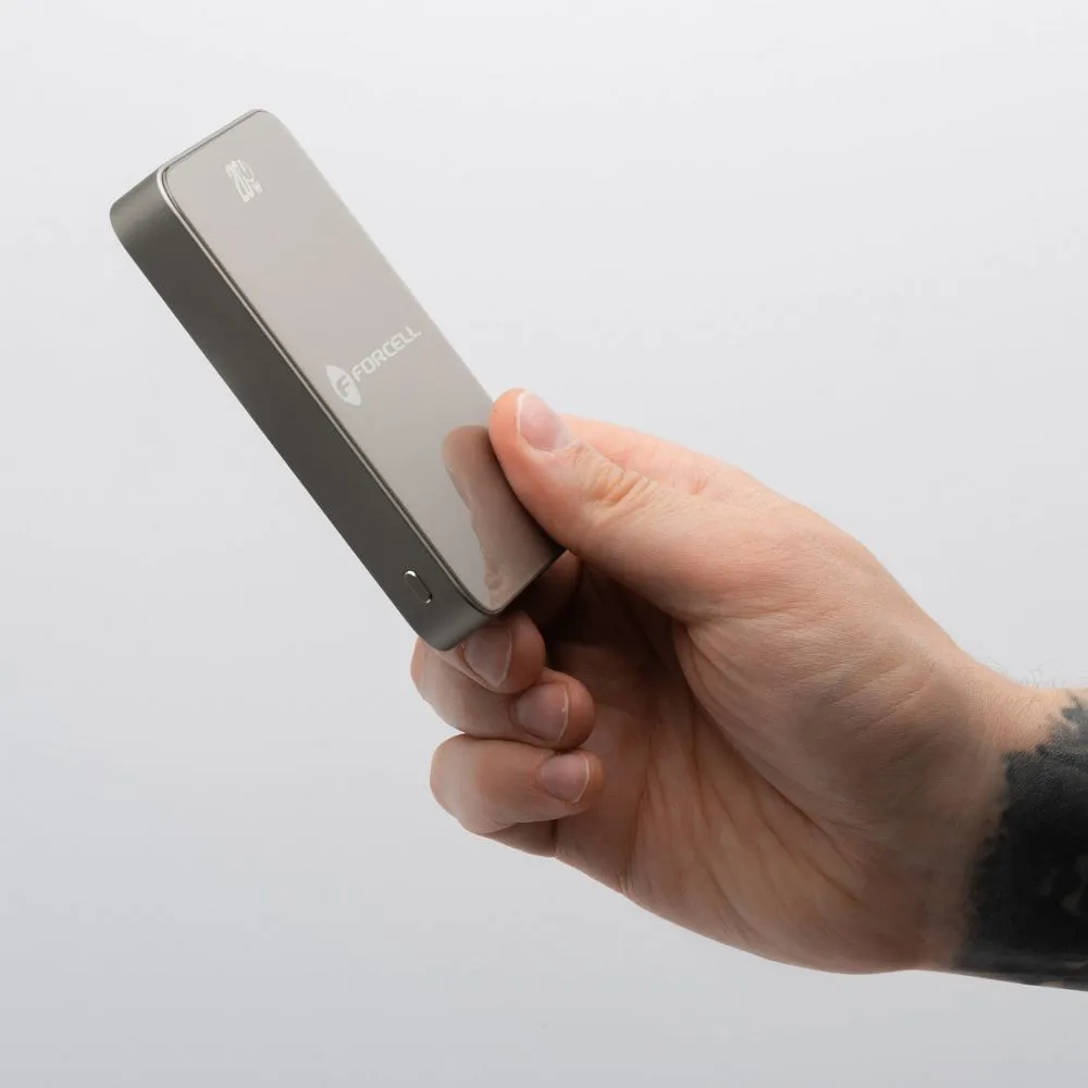 Forcell F5K8 vezeték nélküli külső akkumulátor, 5000mAh, 15W, PD + FQI, 1 x QI - 1 x USB-C, Arany