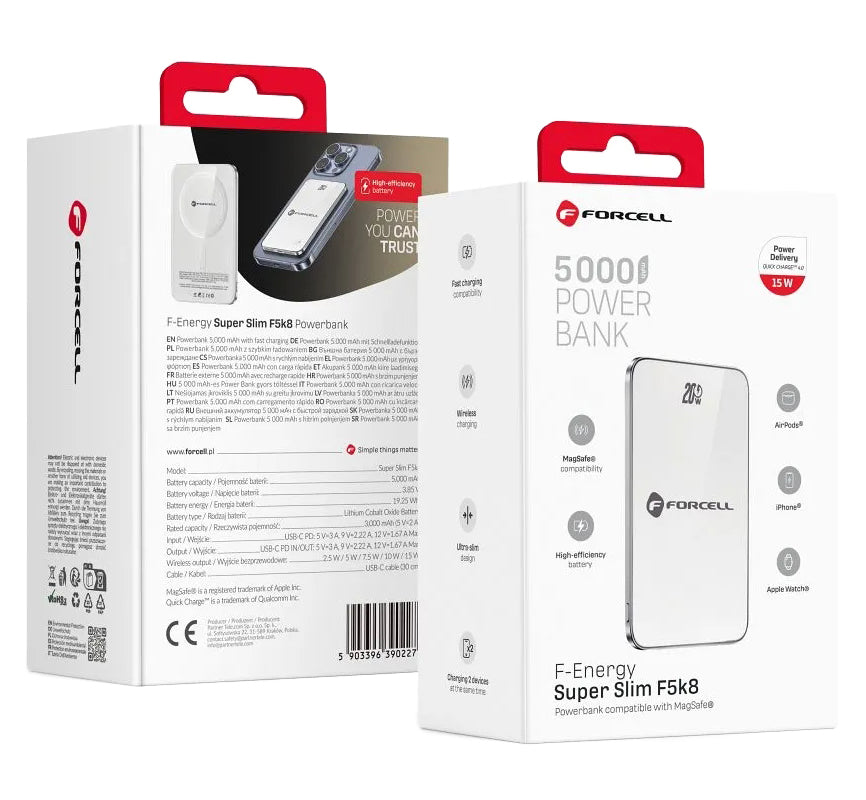 Forcell F5K8 vezeték nélküli külső akkumulátor, 5000mAh, 15W, PD + FQI, 1 x QI - 1 x USB-C, Fehér