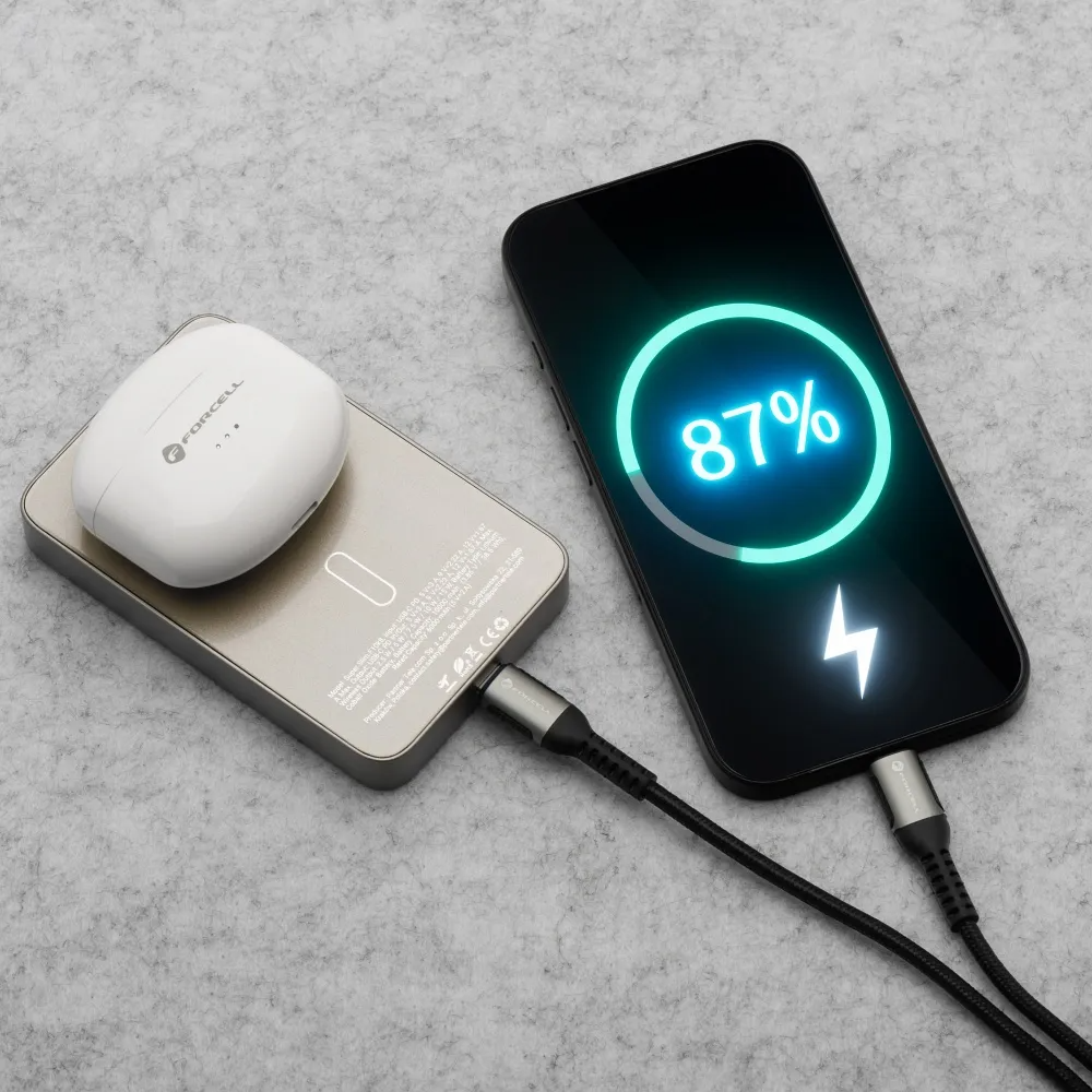 Forcell F5K8 vezeték nélküli külső akkumulátor, 5000mAh, 15W, PD + FQI, 1 x QI - 1 x USB-C, Arany