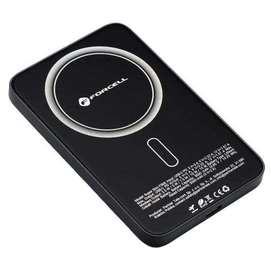 Forcell F5K8 vezeték nélküli külső akkumulátor, 5000mAh, 15W, PD + FQI, 1 x QI - 1 x USB-C, Fekete