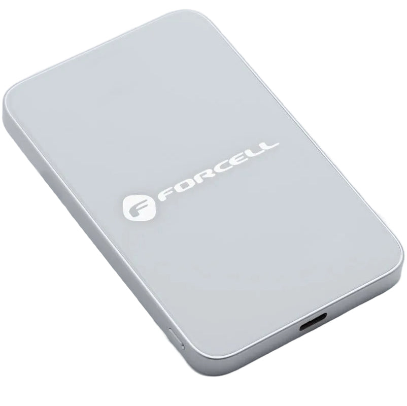 Forcell F5K8 vezeték nélküli külső akkumulátor, 5000mAh, 15W, PD + FQI, 1 x QI - 1 x USB-C, Fehér