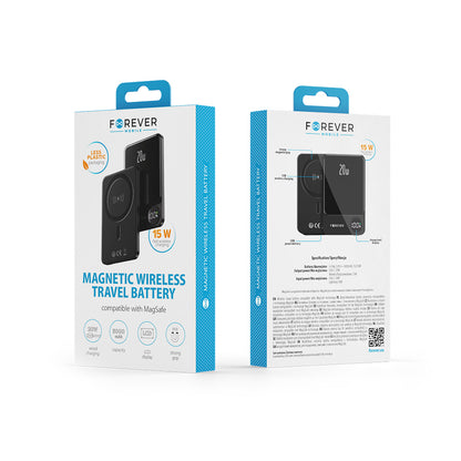 Forever MATB-200 vezeték nélküli külső akkumulátor, 5000mAh, 20W, PD + FQI, 1 x QI - 1 x USB-C, Fekete
